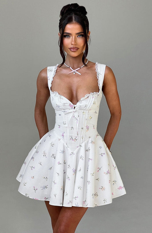 Vestido Mini Floral Corsé Botones Antonela