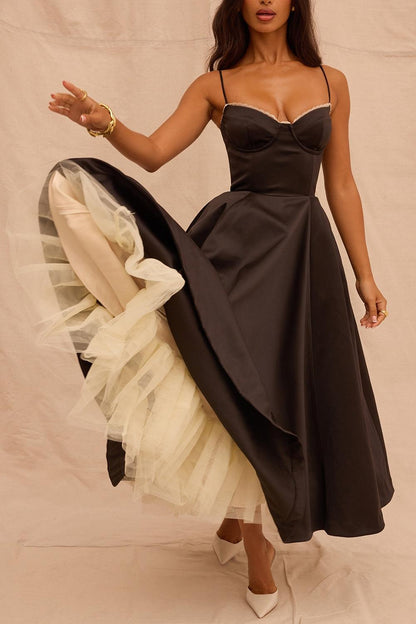 Vestido Midi Negro Tul Escote Cintia