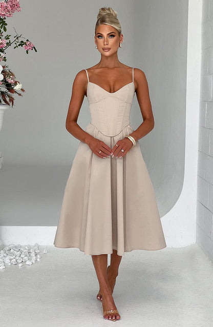 Vestido Midi Beige Voilé Corsé Camila