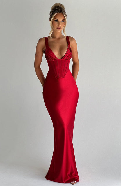 Vestido Maxi Rojo Satén Corsé Clara