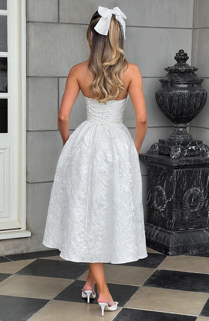 Vestido Midi Marfil Jacquard Corsé Sara