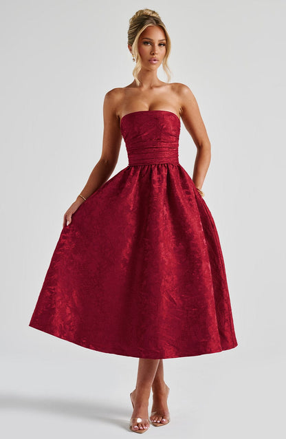 Vestido Midi Rojo Jacquard Corsé Sara