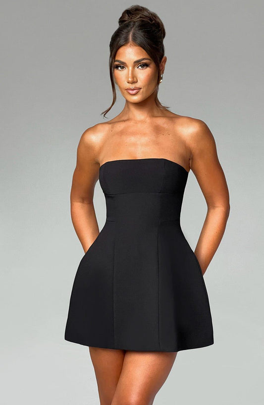 Vestido Mini Negro Crepé Burbuja Asha