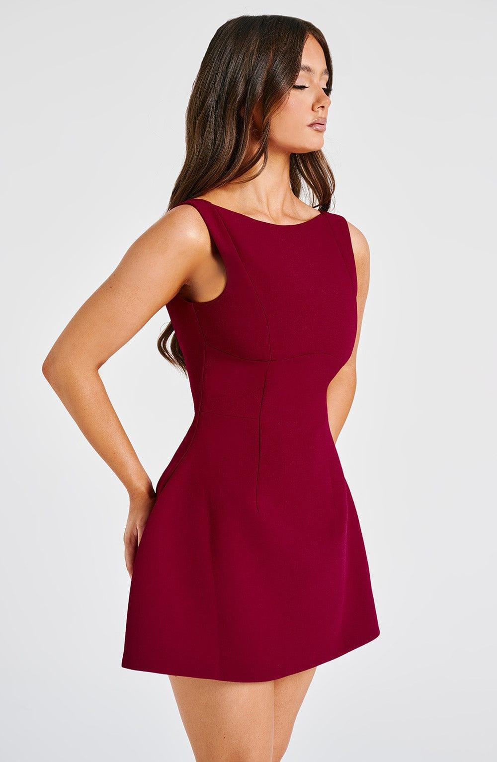 Vestido Corto Rojo Vino Crepé Abullonada Laura