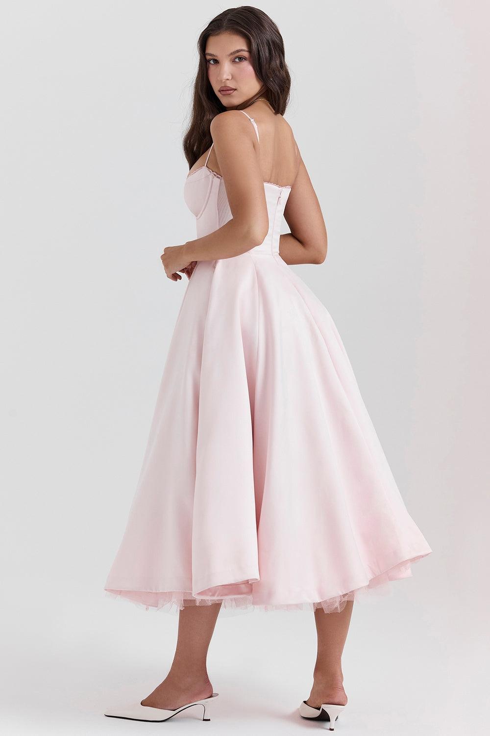 Vestido Midi Rosa Tul Escote Cintia