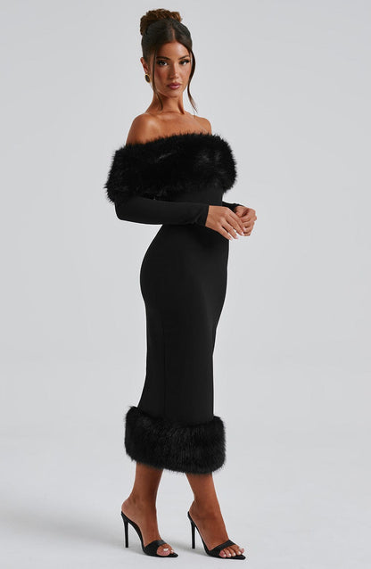 Vestido Midi Negro Bardot Piel Victoria