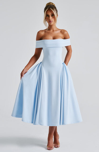 Vestido Midi Azul Cielo Bardot Tul Marisa