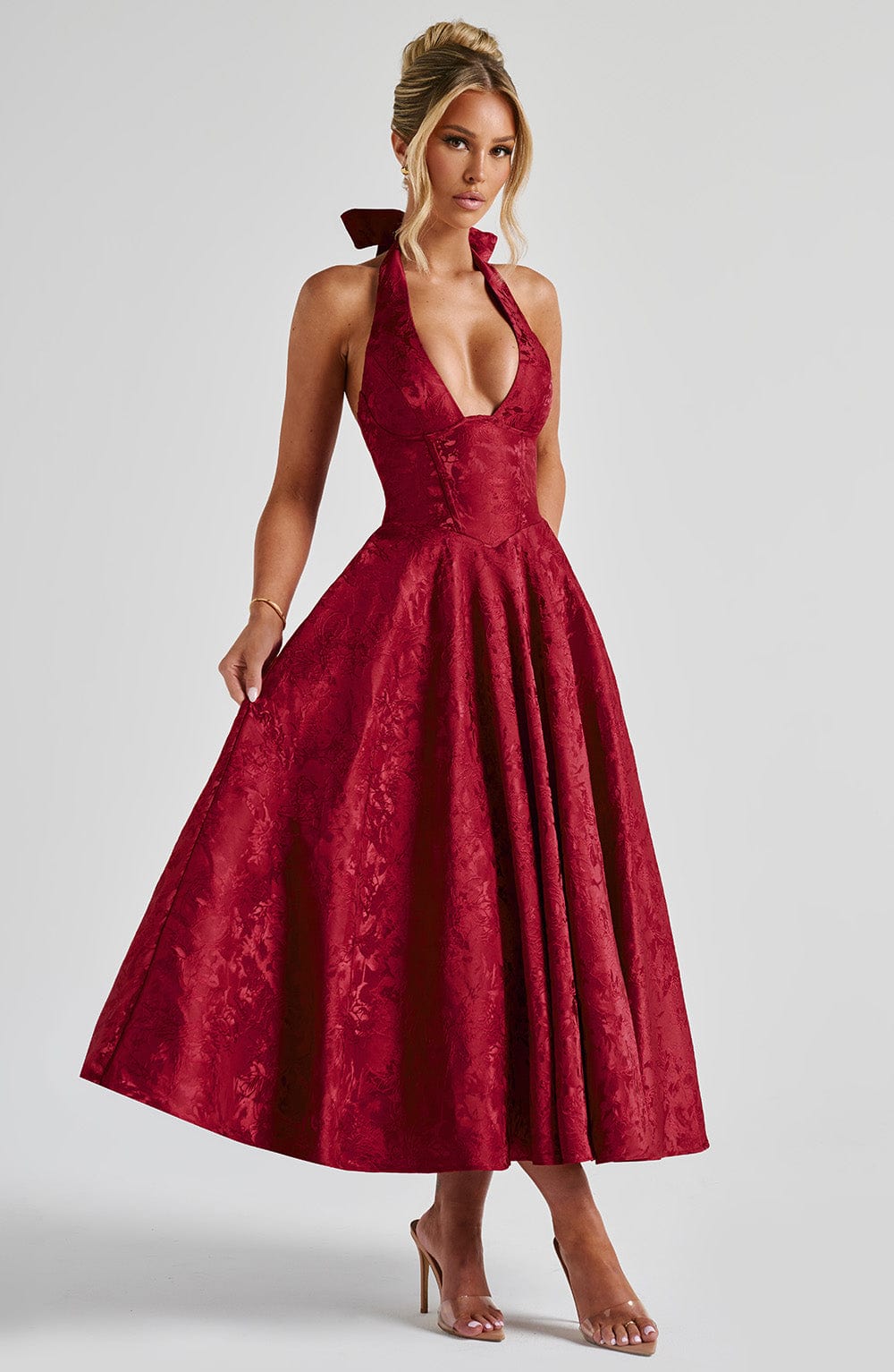 Vestido Midi Rojo Jacquard Halter Lupita