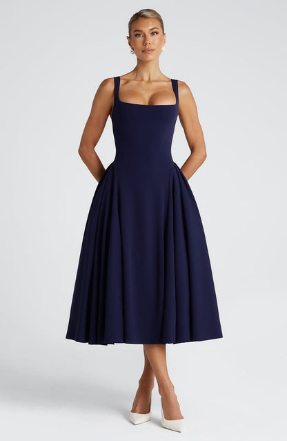 Vestido Midi Azul Marino Cuadrado Berta