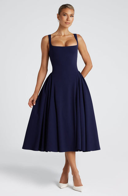 Vestido Midi Azul Marino Cuadrado Berta