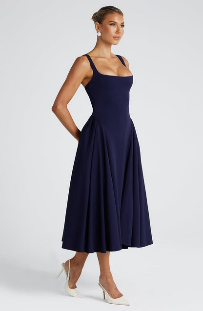 Vestido Midi Azul Marino Cuadrado Berta