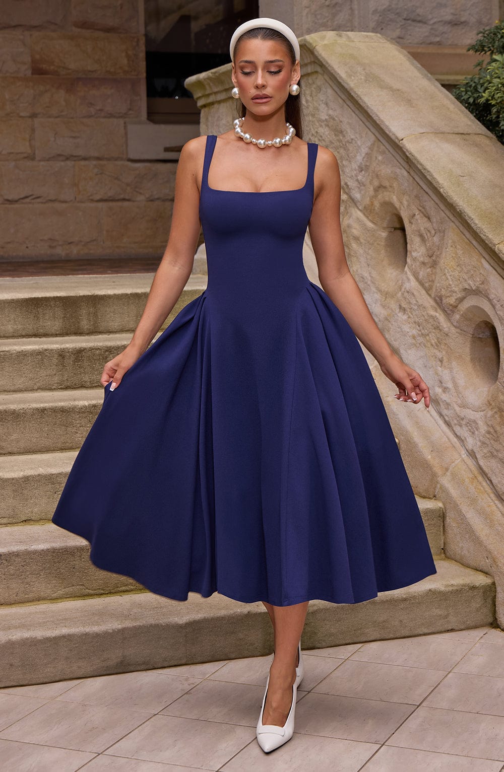 Vestido Midi Azul Marino Cuadrado Berta
