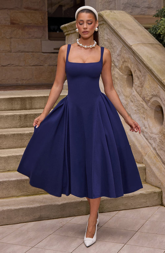 Vestido Midi Azul Marino Cuadrado Berta