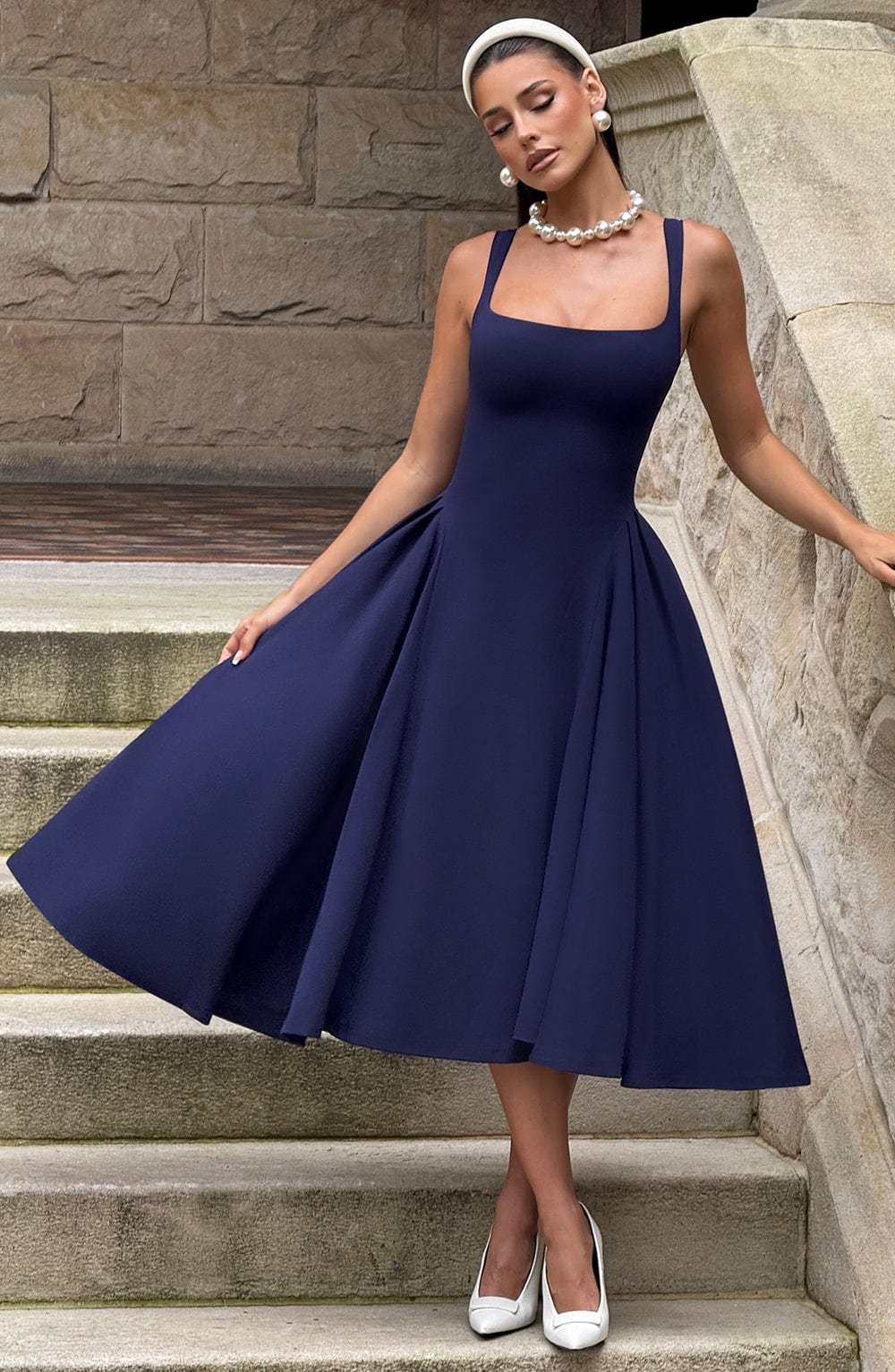 Vestido Midi Azul Marino Cuadrado Berta