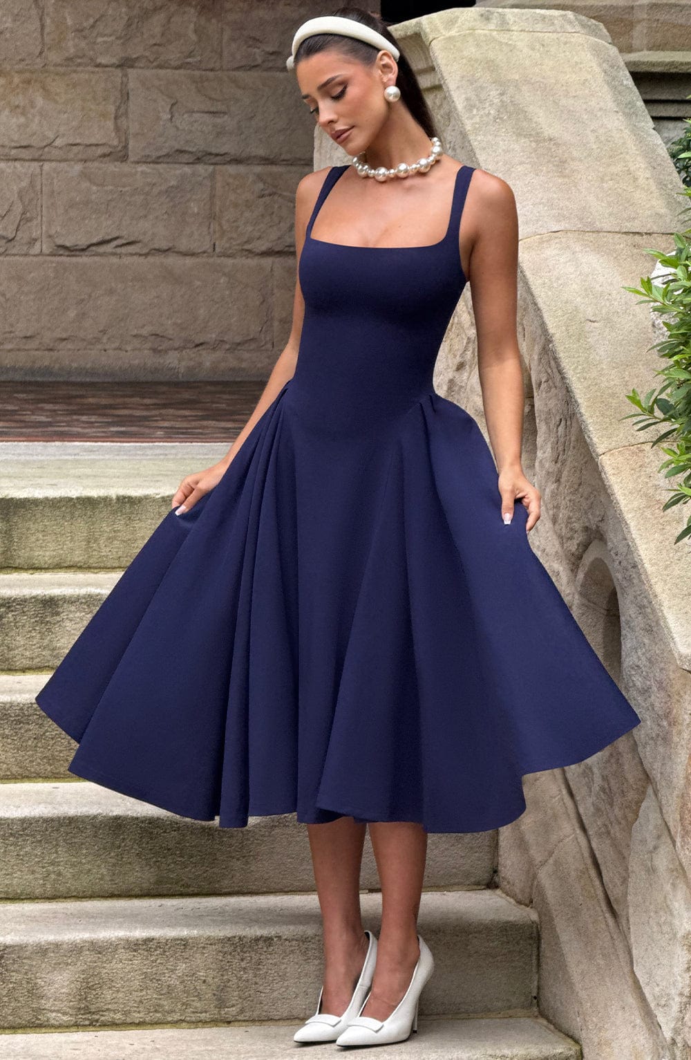 Vestido Midi Azul Marino Cuadrado Berta