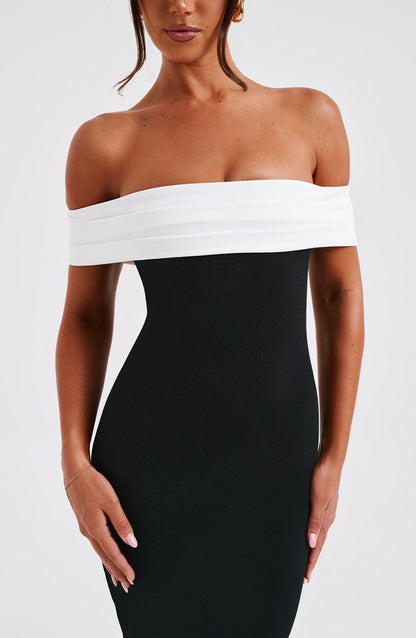 Vestido Midi Blanco Negro Halter Crepé Beca