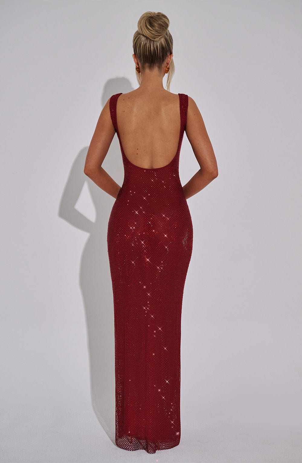 Vestido Maxi Rojo Vino Malla Pedrería Paola