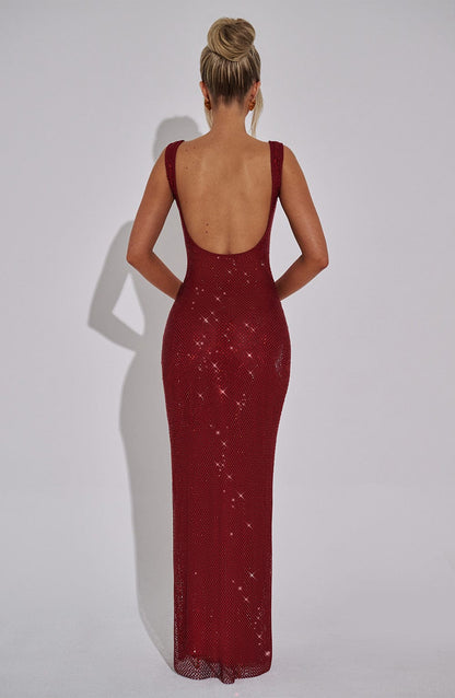 Vestido Maxi Rojo Vino Malla Pedrería Paola