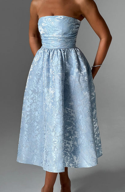 Vestido Midi Azul Jacquard Corsé Sara
