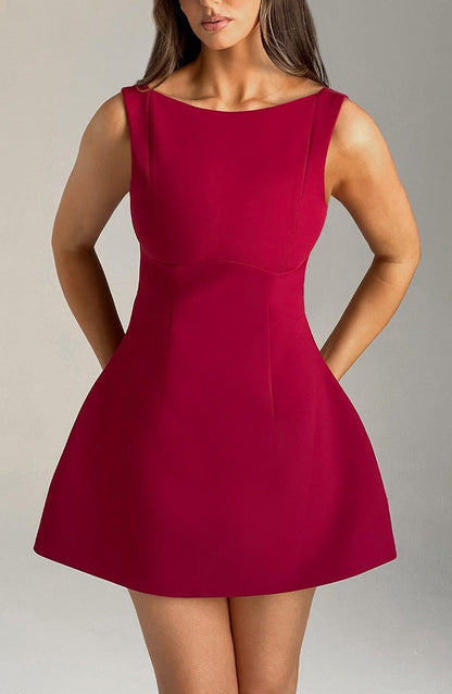 Vestido Corto Rojo Vino Crepé Abullonada Laura