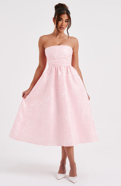 Vestido Midi Rosa Jacquard Corsé Sara