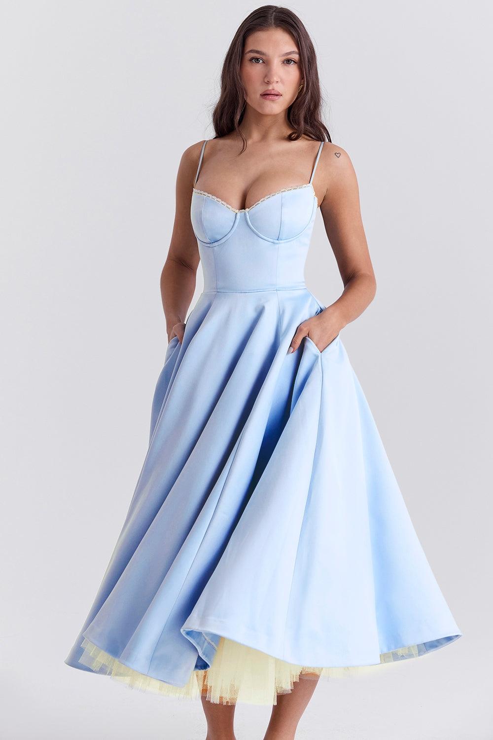 Vestido Midi Azul Tul Escote Cintia
