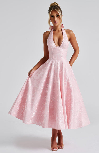 Vestido Midi Rosa Jacquard Halter Lupita