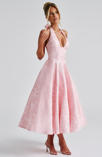 Vestido Midi Rosa Jacquard Halter Lupita