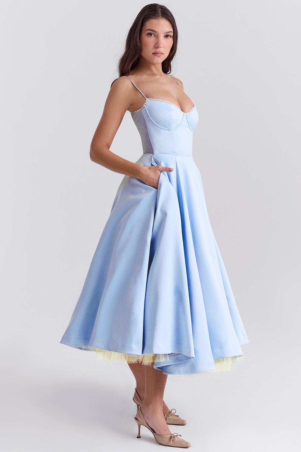 Vestido Midi Azul Tul Escote Cintia