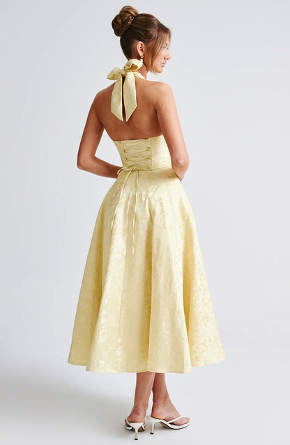 Vestido Midi Amarillo Jacquard Halter Lupita