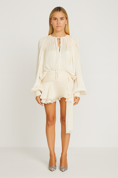 Vestido Mini Marfil Fiesta Lazo Olivia