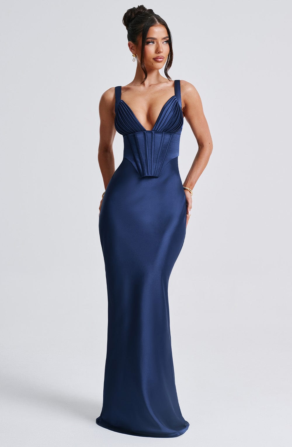 Vestido Maxi Azul Marino Satén Clara