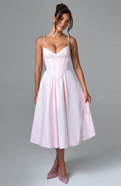 Vestido Midi Rosa Claro Voilé Corsé Camila