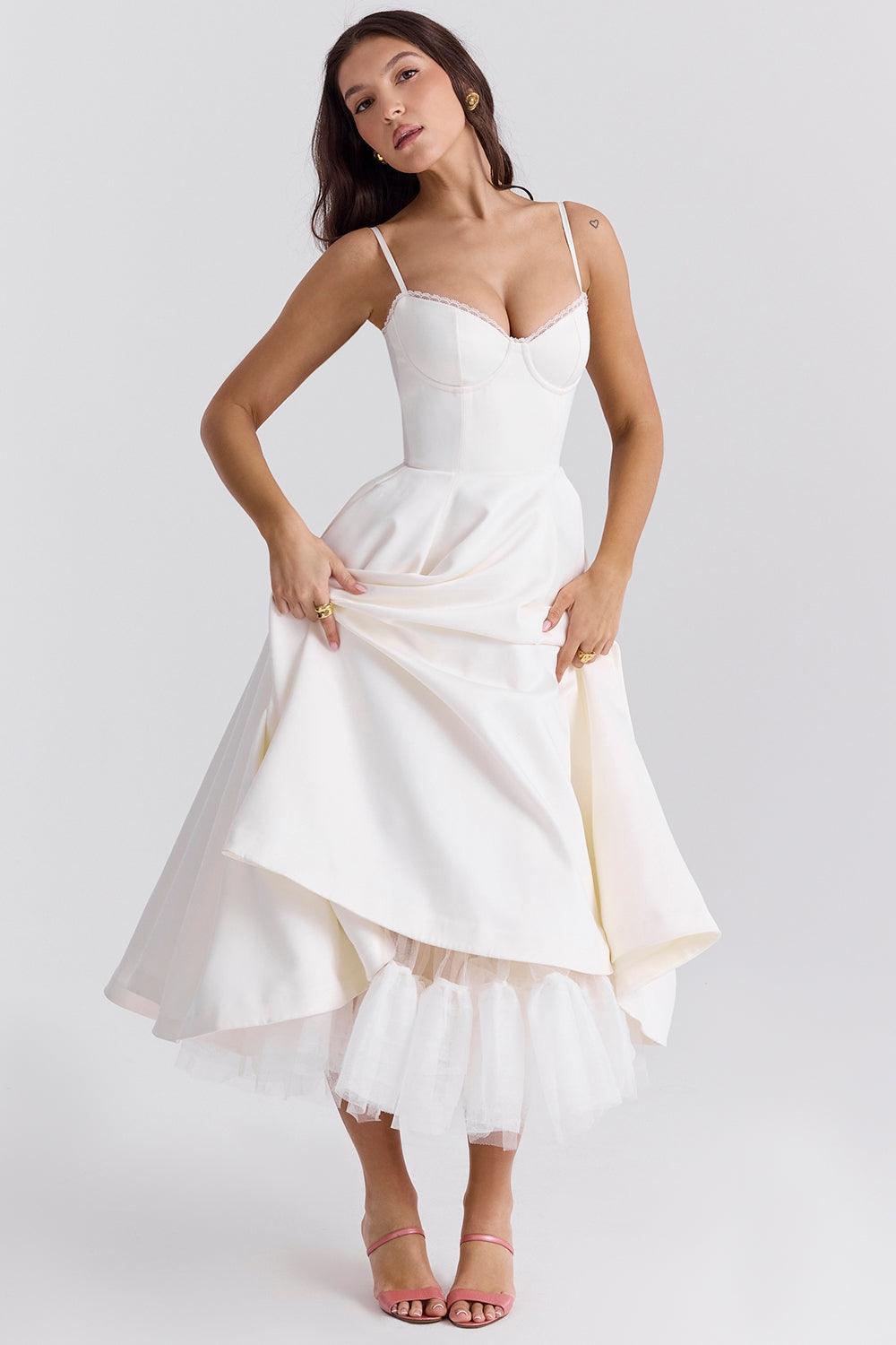 Vestido Midi Blanco Tul Escote Cintia