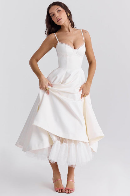 Vestido Midi Blanco Tul Escote Cintia