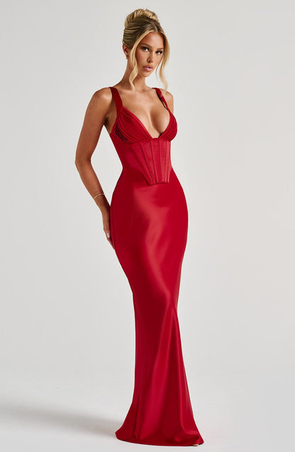 Vestido Maxi Rojo Satén Corsé Clara