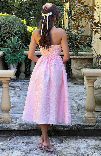 Vestido Midi Rosa Jacquard Corsé Sara