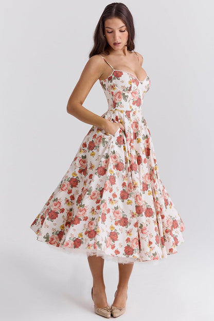 Vestido Midi Floral Rosas Cintia
