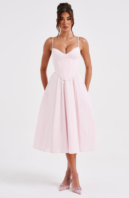 Vestido Midi Rosa Claro Voilé Corsé Camila
