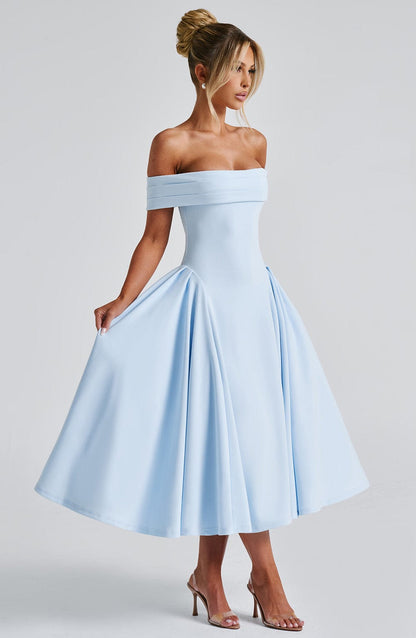 Vestido Midi Azul Cielo Bardot Tul Marisa