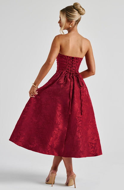 Vestido Midi Rojo Jacquard Corsé Sara
