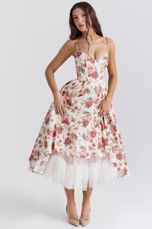 Vestido Midi Floral Rosas Cintia