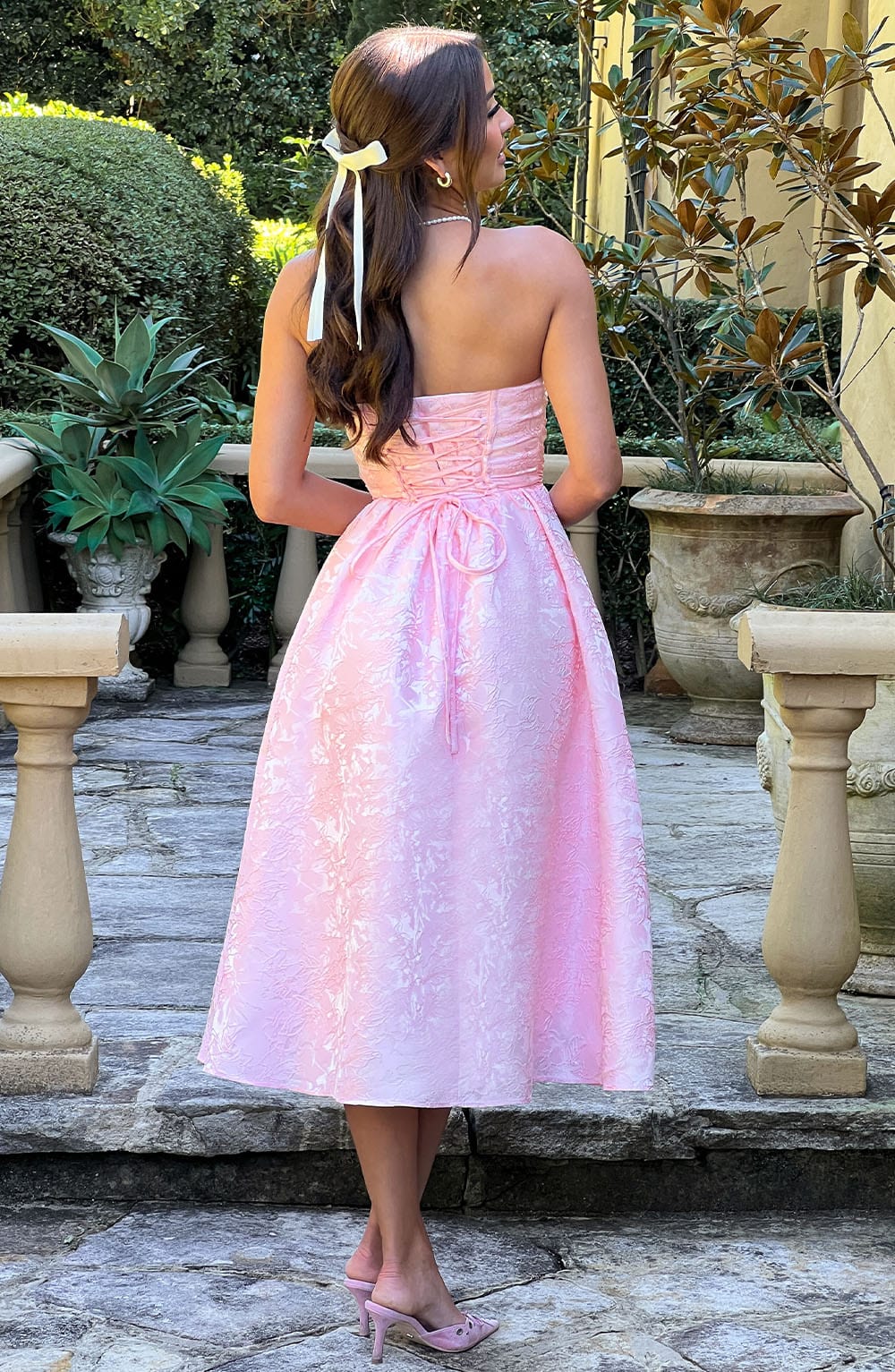 Vestido Midi Rosa Jacquard Corsé Sara