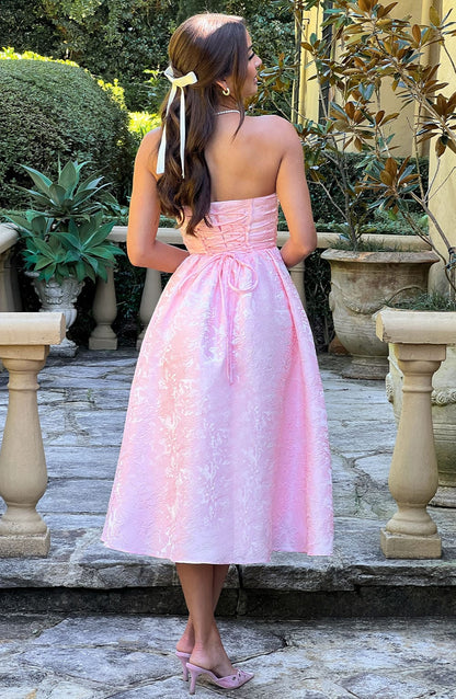 Vestido Midi Rosa Jacquard Corsé Sara