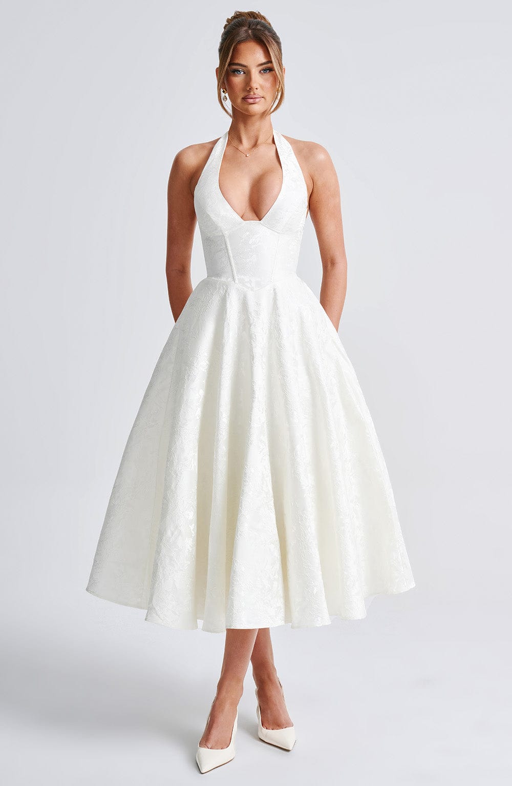 Vestido Midi Marfil Jacquard Halter Lupita