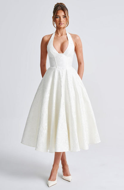 Vestido Midi Marfil Jacquard Halter Lupita