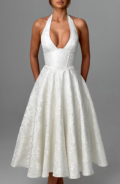 Vestido Midi Marfil Jacquard Halter Lupita