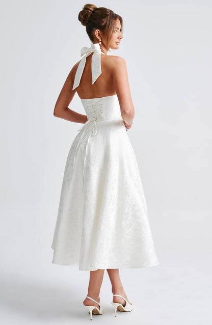 Vestido Midi Marfil Jacquard Halter Lupita