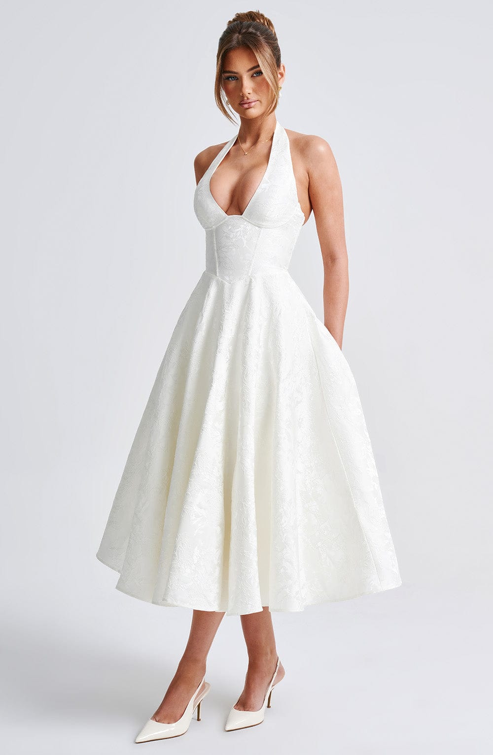 Vestido Midi Marfil Jacquard Halter Lupita