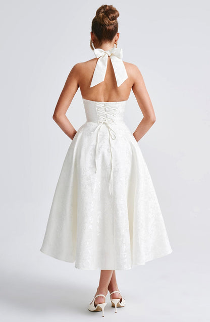 Vestido Midi Marfil Jacquard Halter Lupita